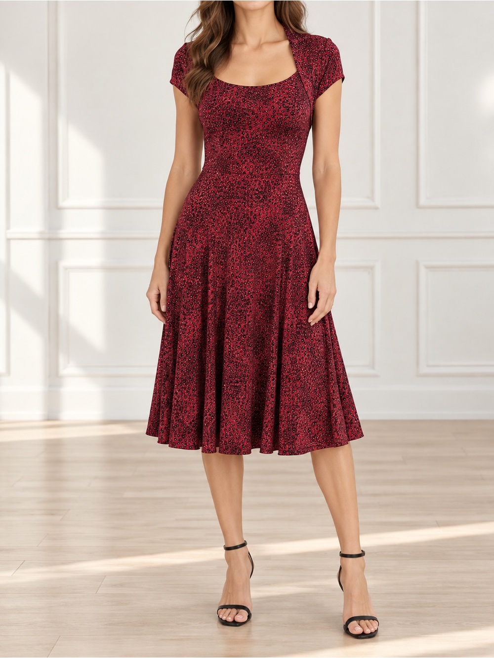 Norma Kamali Dress XS Red Snake Print Shrug Fit Flare Stretch Midi Animal Print